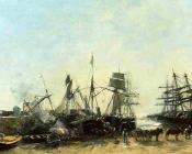 尤金 布丹 : Portrieux, the Port at Low Tide, Unloading Fish